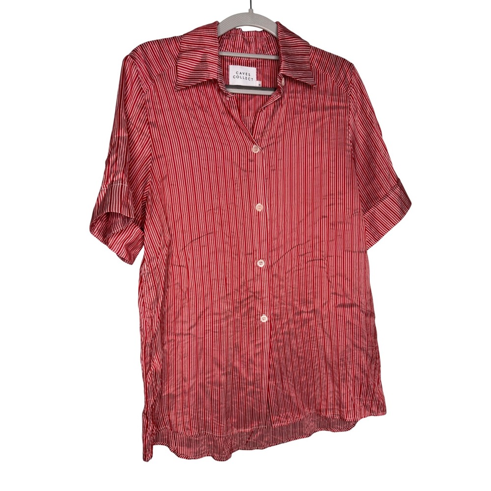 Caves Collect red‎ and white silk striped button down short sleeve blouse
